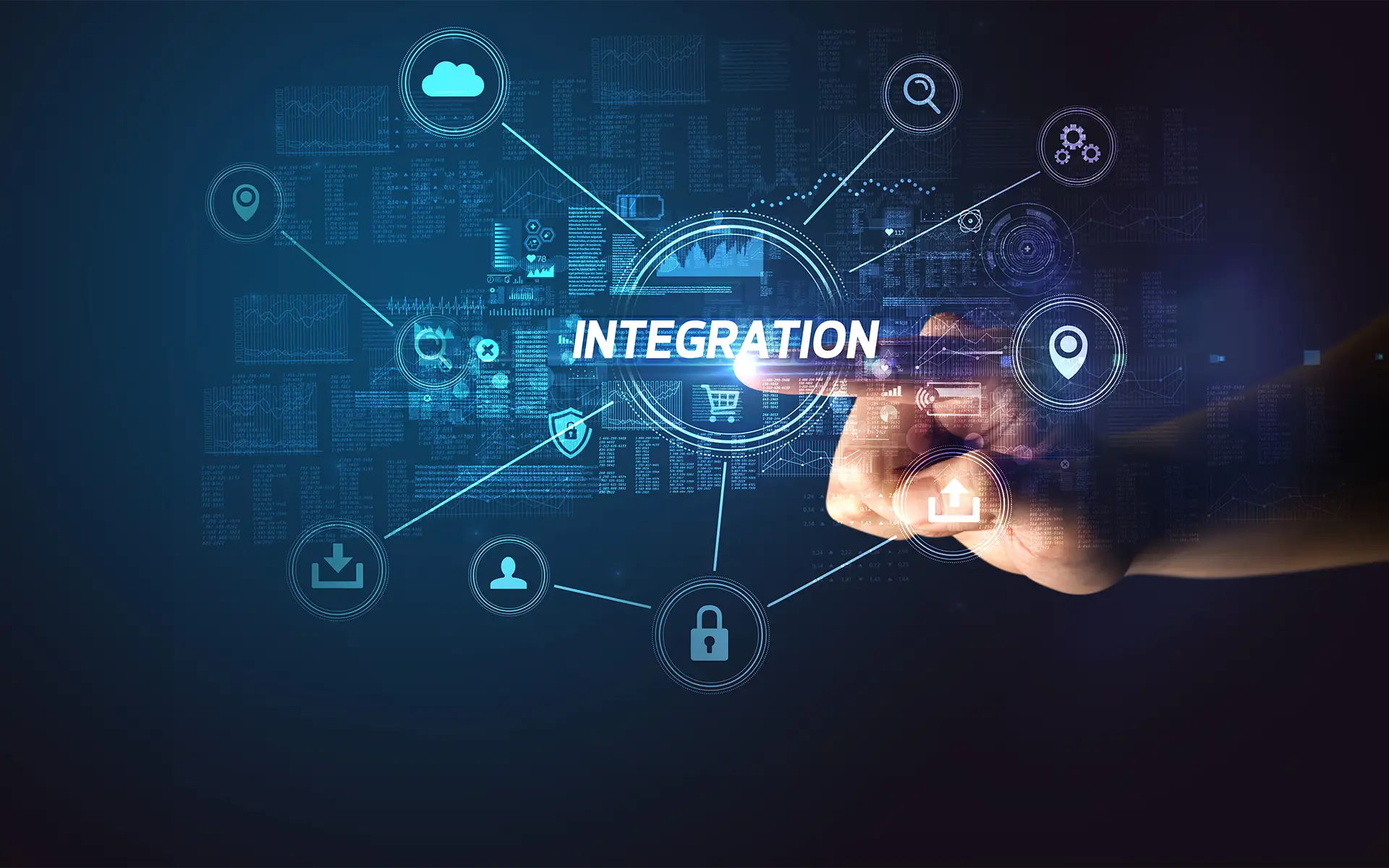 Hand touching virtual tech stack integration