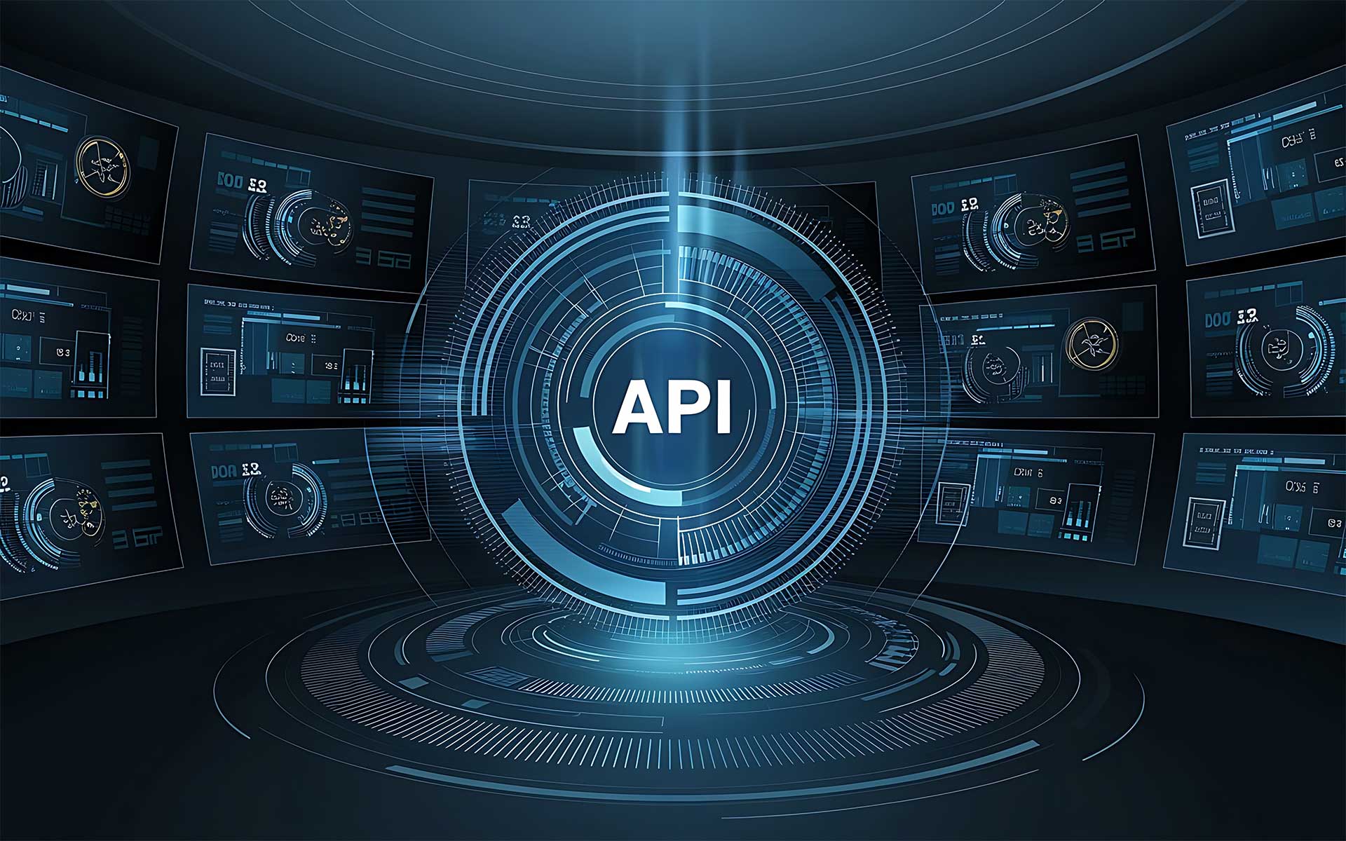 Futuristic digital interface showcasing the term API at its core