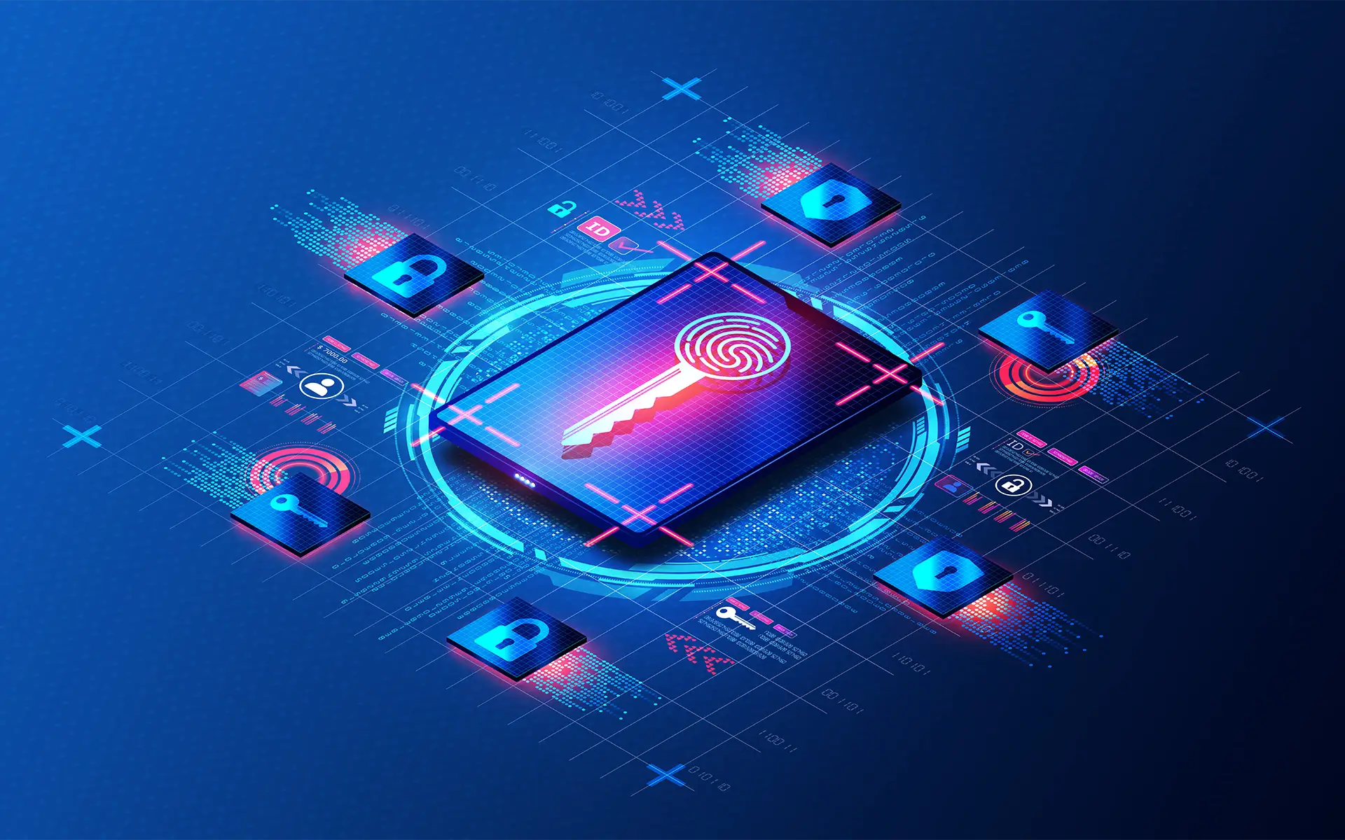 3D Illustration of API connectivity with password security at entry points highlighted and emphasized