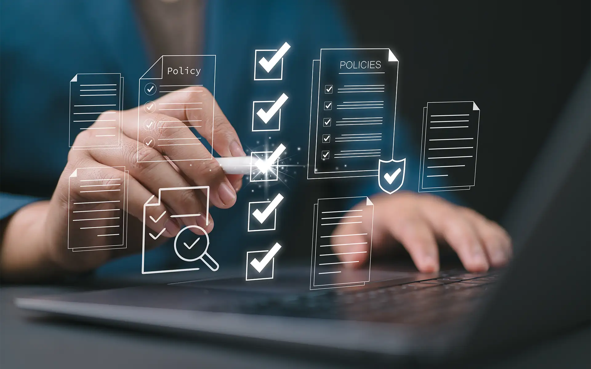 A businessman checking on digital documents, related to compliance documentation, including policies